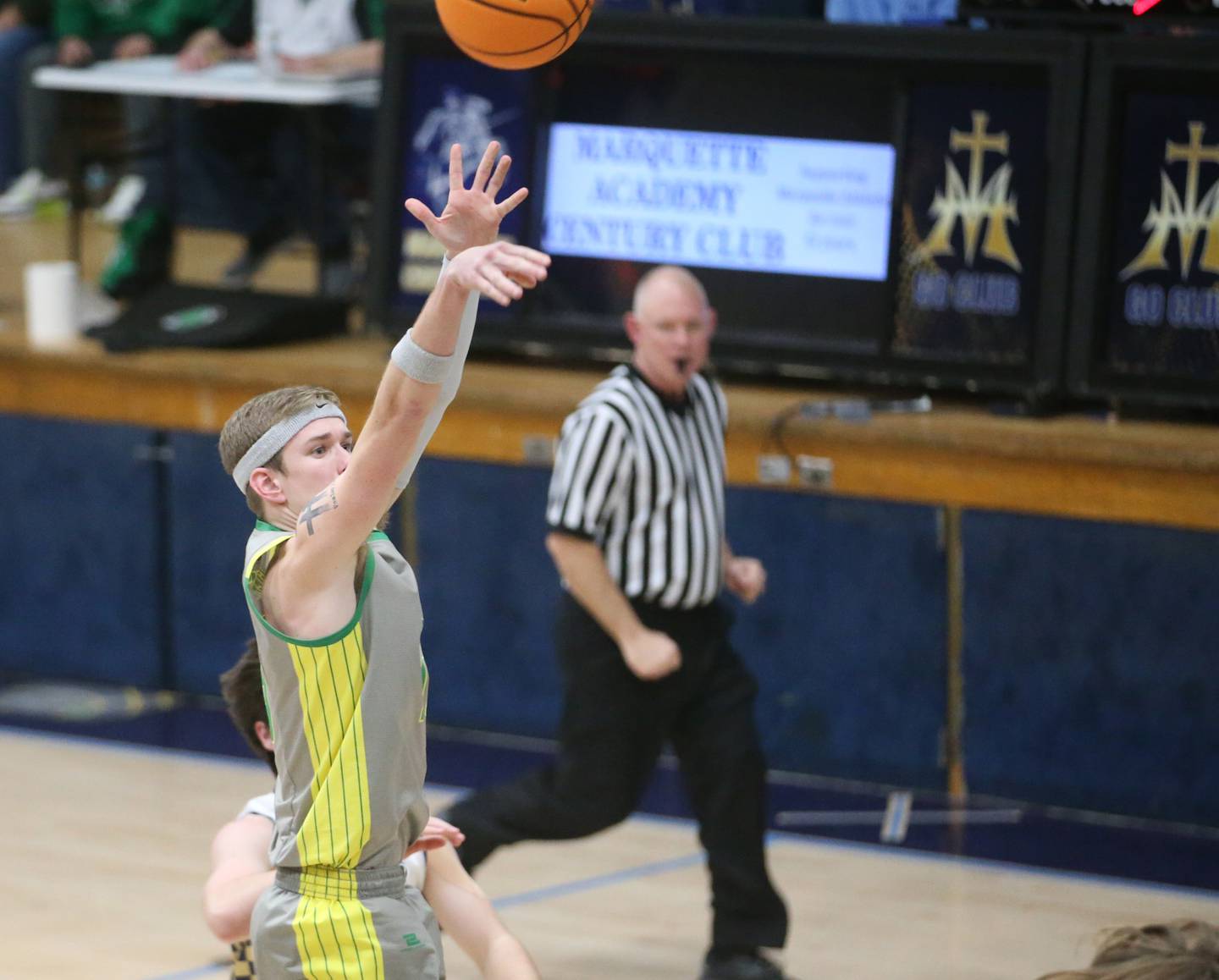 Seneca's Paxton Giertz shoots a wide-open shot against Marquette on Friday, Feb. 21, 2025 in Bader Gym at Marquette Academy.
