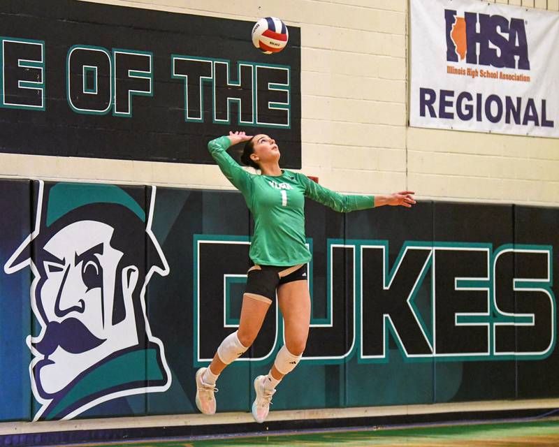 York's Amalia Toliopoulos (1) serves the ball during the regional title game while taking on Lyons Township on Thursday Oct. 30, 2025, held at York High School.