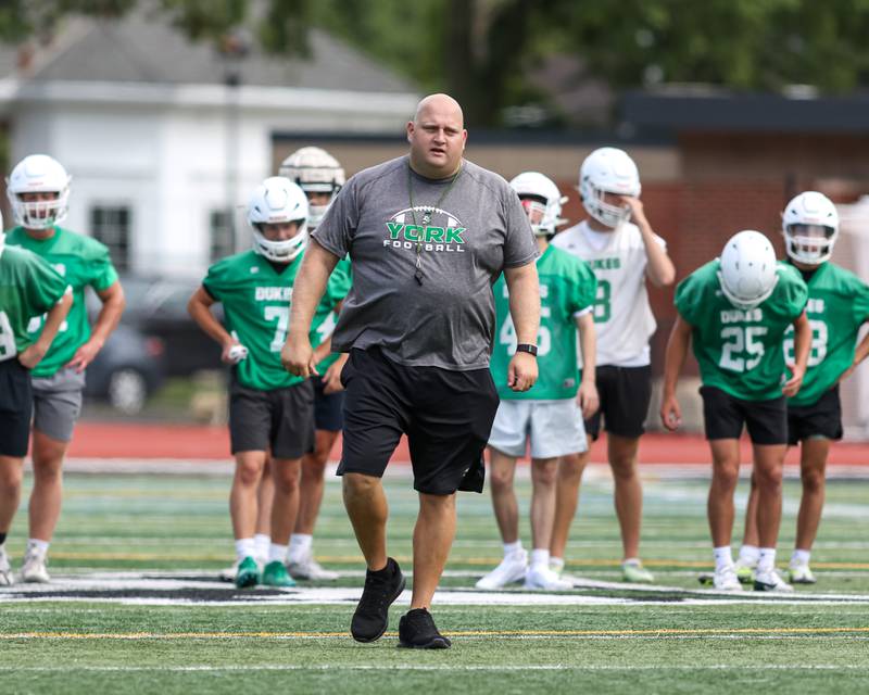 First year York head coach Don Gelsomino conducts York High School first day of football practice. Aug 12, 2024.