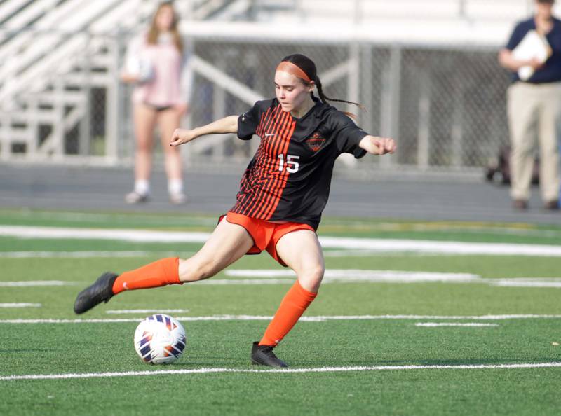 St. Charles East’s Alli Saviano goes after the ball during a Class 3A West Chicago semifinal win over Batavia on Tuesday, May 23, 2023.