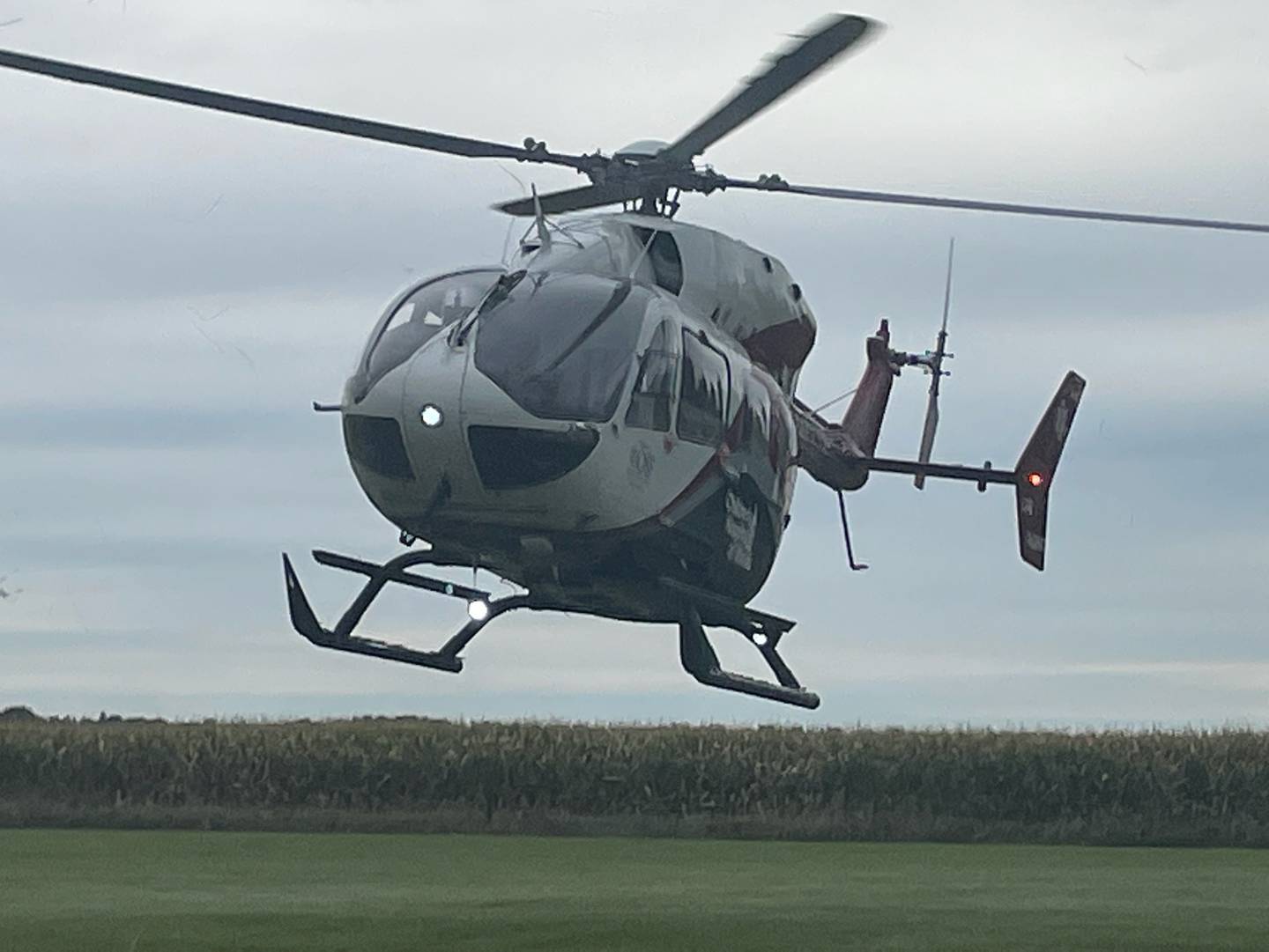 A Life Flight helicopter leaves the scene in Utica on Friday, Sept. 23, 2022, after a woman was extricated from an industrial conveyer belt.