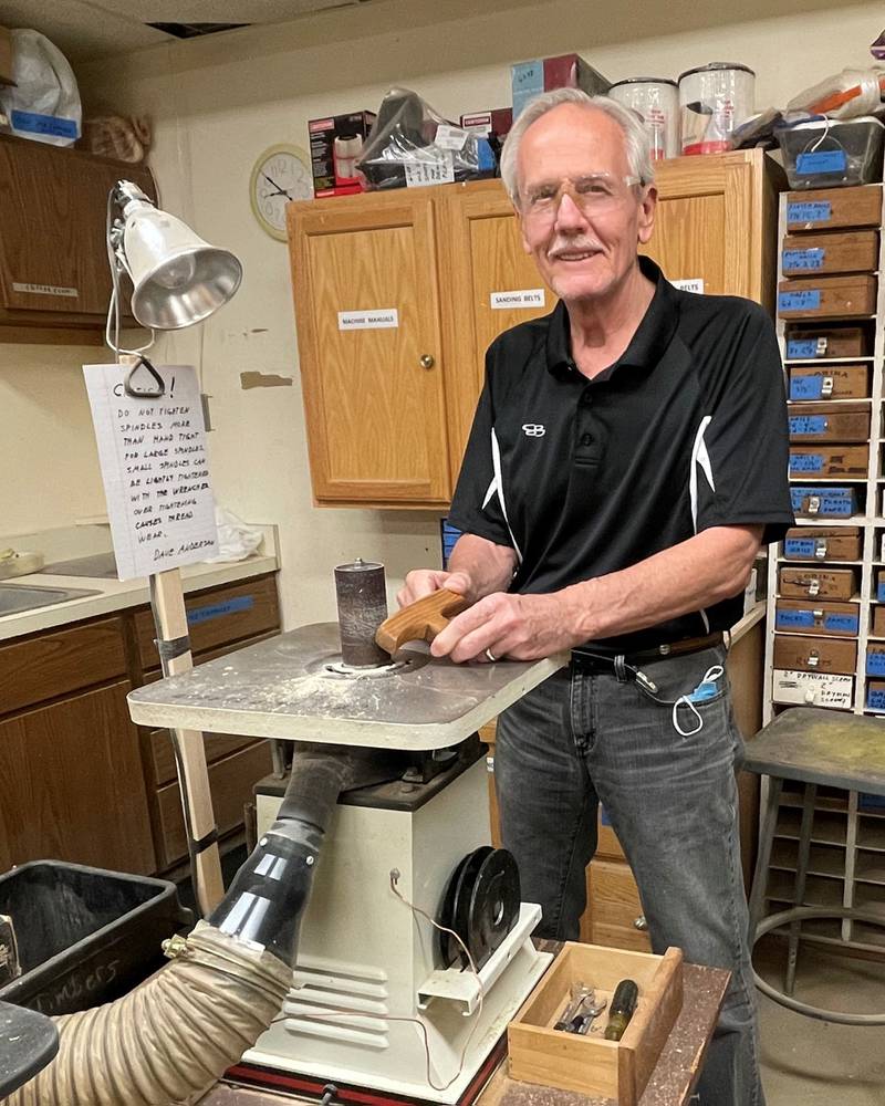 Richard MacFeely creates a walking stick that will be for sale at Covenant Living at the Holmstad's annual Bazaar on Saturday, Oct. 1 in Batavia.