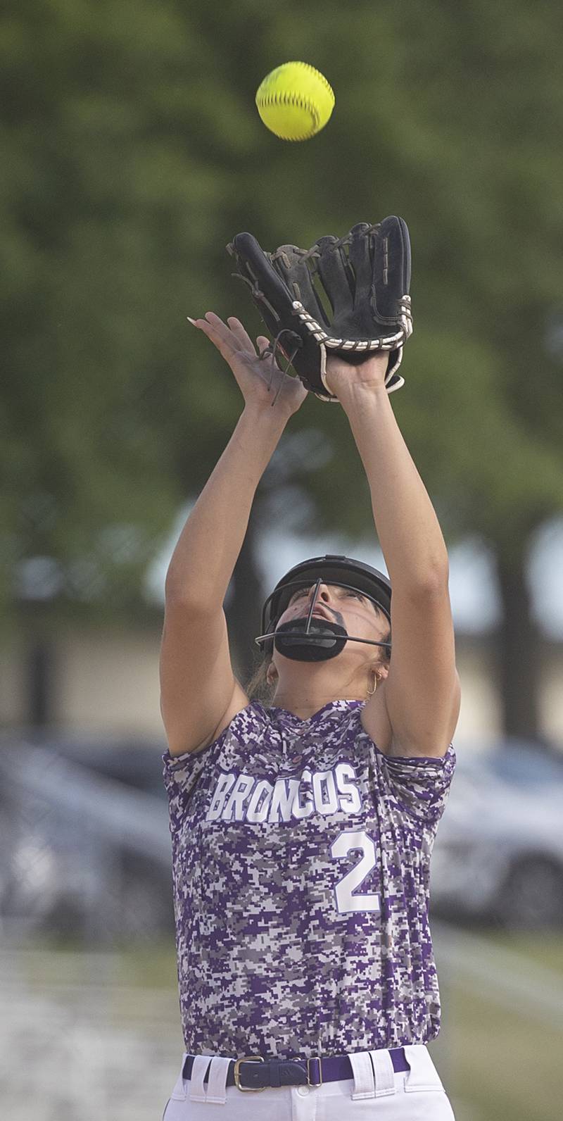 Orangville’s Kylie Wolfe hauls in a pop-up against Fulton Tuesday, May 26, 2026, at the Eastland Class 1A softball sectional quarterfinal.