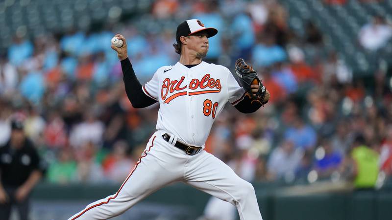 Baltimore Orioles starting pitcher Spenser Watkins throws a pitch to the Chicago White Sox during the first inning of a baseball game, Wednesday, Aug. 24, 2022, in Baltimore. (AP Photo/Julio Cortez)