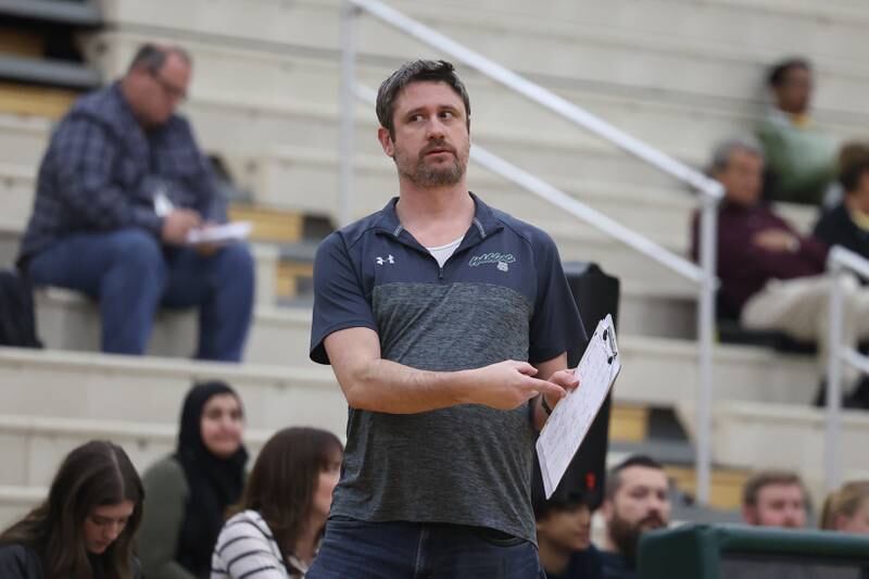 Plainfield Central head coach Robert Richardson calls a play against Joliet West on Tuesday, April 23, 2024 in Plainfield.