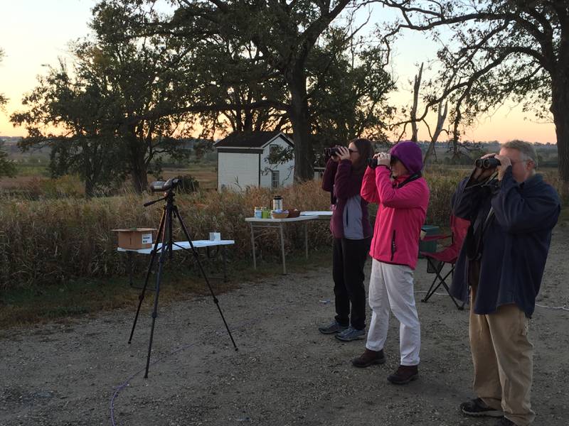 Birdwatchers participate in The Big Sit, an international birdwatching event in 2017, at Glacial Park.