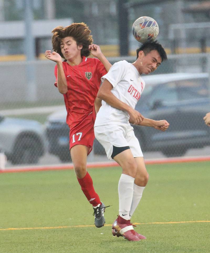 Ottawa's Jaickob Pastor Ortiz beats out L-P's Jamie Gonzalez to a header on Monday, Oct. 6, 2025 at the L-P Athletic Complex in La Salle.