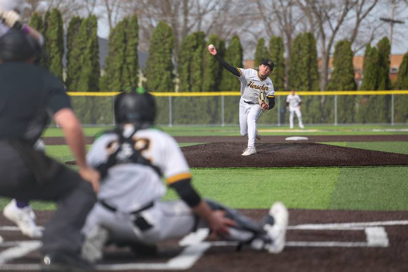 Herscher pitcher Alec Nicholos releases a pitch during the Tigers' 3-0 loss to Wilmington on Monday, April 14, 2025.