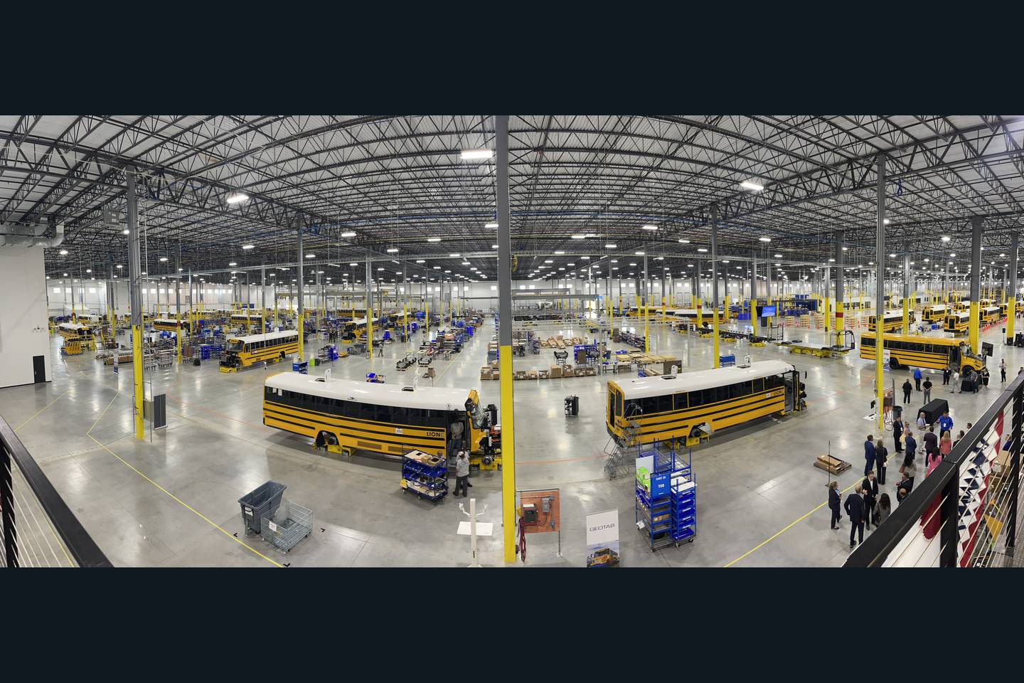 Dozens of buses are assembled at the Lion Electric manufacturing facility on Friday, July 21st, 2023 in Joliet.