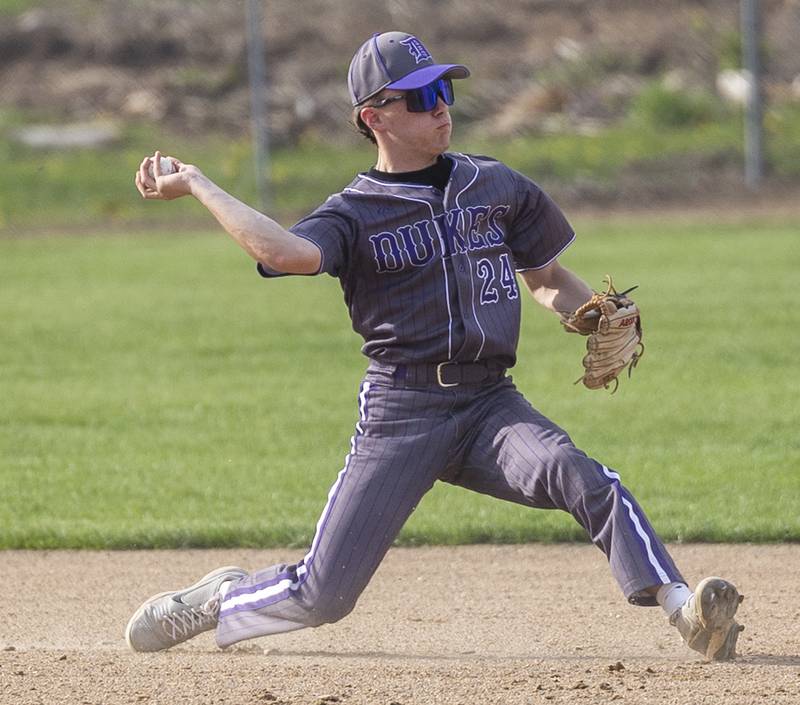Dixon’s Brady Feit throws to second to record an out against Oregon Thursday, April 24, 2025.