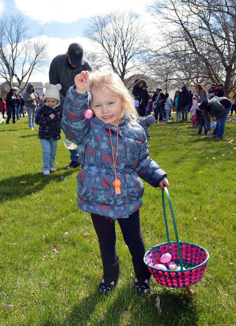 Athena Gronewold, 3, of Forreston, shows off a yo-yo she picked up during Forreston's annual Easter egg hunt on April 16.