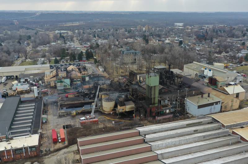 An aerial view looking south of the Carus Chemical Company fire on Wednesday, Jan. 11, 2023 in La Salle.