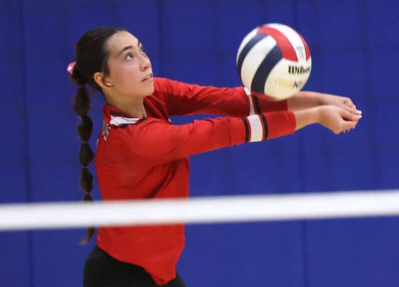 Indian Creek's Mia Riffell receives a Hinckley-Big Rock serve during their match Tuesday, Sept. 24, 2024, at Hinckley-Big Rock High School.