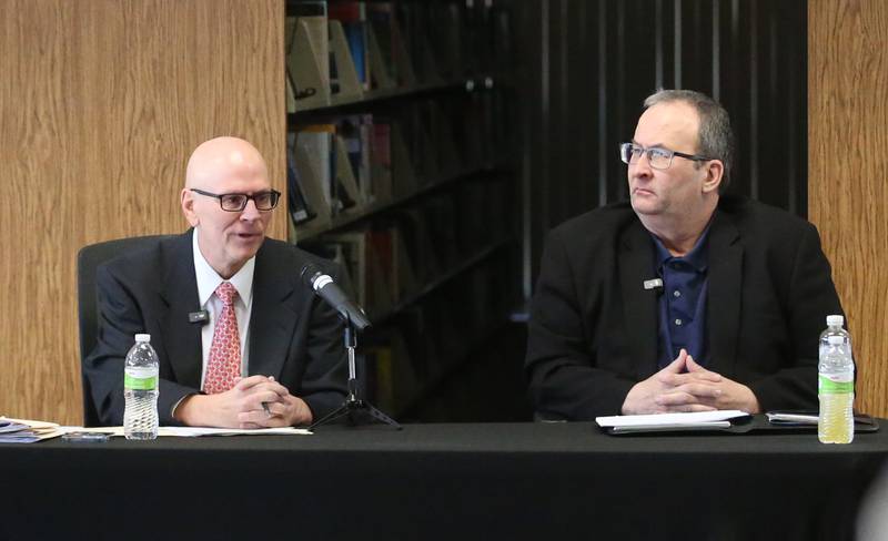 Peru mayoral candidate Doug Bernabei and Peru mayor Ken Kolowski hold a candidate forum on Sunday, Feb. 23, 2025 at the Peru Public Library.