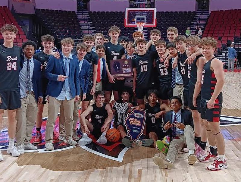 Benet celebrates a 58-50 victory over Quincy at the Class 4A Illinois State Super-Sectional on Monday.