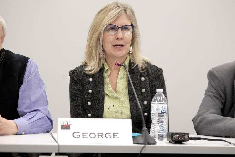 Susan George, candidate for Campton Hills trustee, answers a question during a candidates’ forum hosted by the League of Women Voters at the Campton Hills Village Hall on Thursday, March 2, 2023.