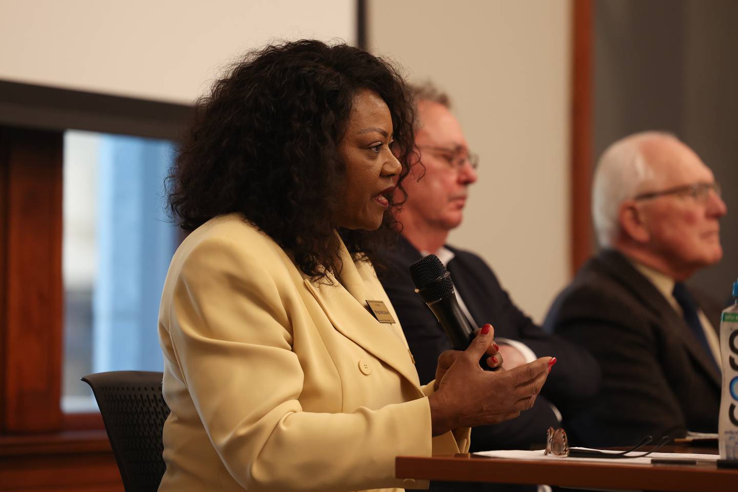 Candidate for Joliet City Council District 2 Dr. Glenda Wright-McCullum answers a question at a forum for the candidates at the Joliet Public Library on Tuesday, March 14th, 2023 in Joliet.