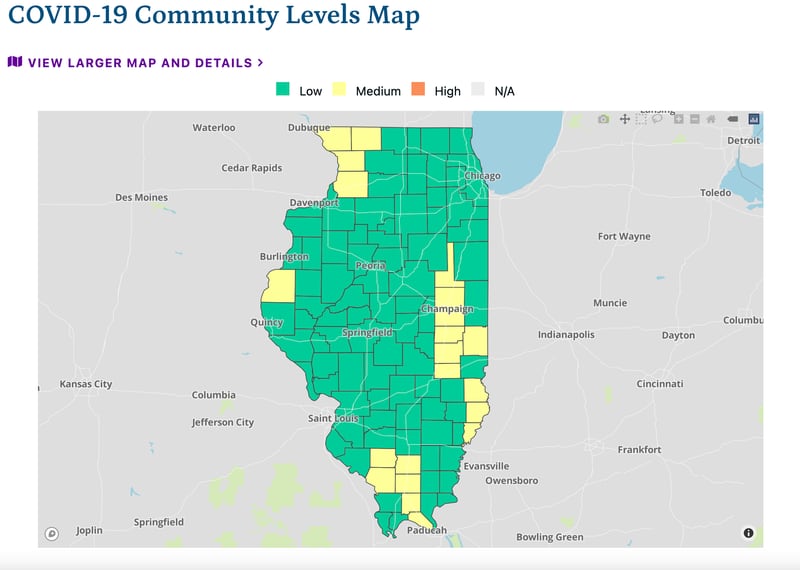 The latest COVID-19 community levels map as of Friday, January 27, 2023, from the Illinois Department of Public Health