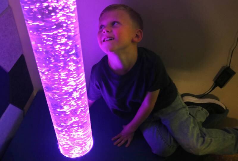 Jack Sanderson, 6, from Kirkland, checks out a bubble tube Wednesday, Nov. 6, 2024, during a grand opening of the Kishwaukee Special Recreation Association’s Sensory Room at the Sycamore Park District Community Center.