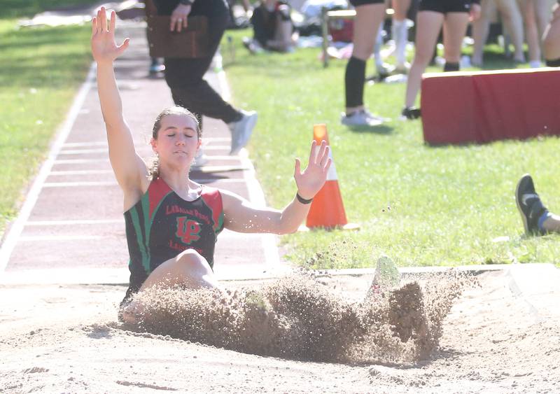 L-P's Drew Depenbrock competes in the long jump during the Interstate 8 Conference girls track championship on Friday, May 9, 2025 at Morris High School.