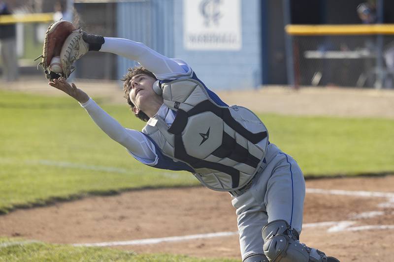 Princeton’s Hunter Spiegel hauls in a pop-up gainst Newman Monday, April 6, 2026.