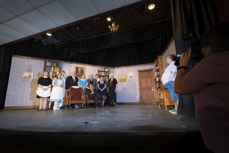 Cast members for Polo Area Community Theater’s rendition of “Harvey” pose for a photo during a dress rehearsal Wednesday, May 1, 2024. “Harvey” centers around an eccentric man with an imaginary six-foot rabbit friend named Harvey.