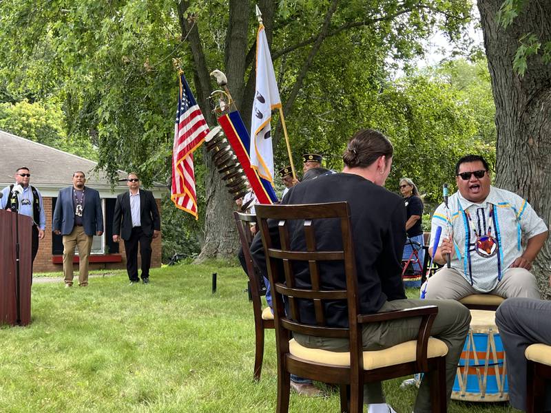 Aug. 11, 2022 - A group from the Potawatomi Nation drums and sings before a press conference on H.R. 8380 Prairie Band Potawatomi Nation Shab-eh-nay Band Reservation Settlement Act of 2022.