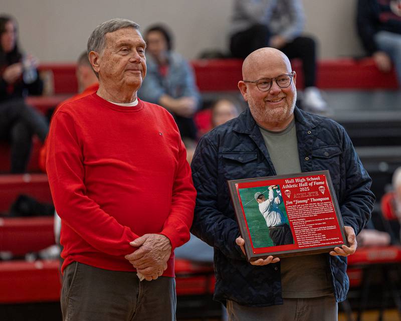Gary Carruthers and Jimmy Thompson pose for photo at the 2026 Hall High School Hall of Fame ceremony on Saturday, January 31, 2026 at Hall High School in Spring Valley.