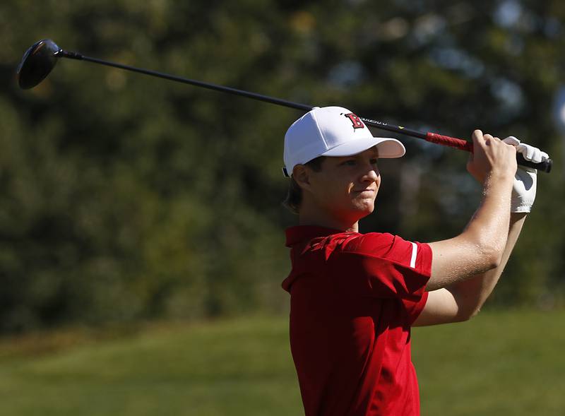 Barrington’s Walker Grelle William Lange watches his tee shot on the first hole during the IHSA Boys’ Class 3A Sectional Golf Tournament Monday, Oct. 3 2022, at Randall Oaks Golf Club in West Dundee.