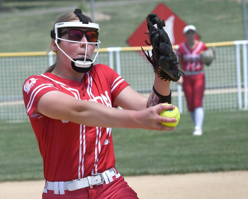 Oregon's Izzy Berg zeroes in on home plate as she pitches against Rock Falls at the 2A Oregon Regional on Saturday, May 23, 2026 at Oregon Park West.