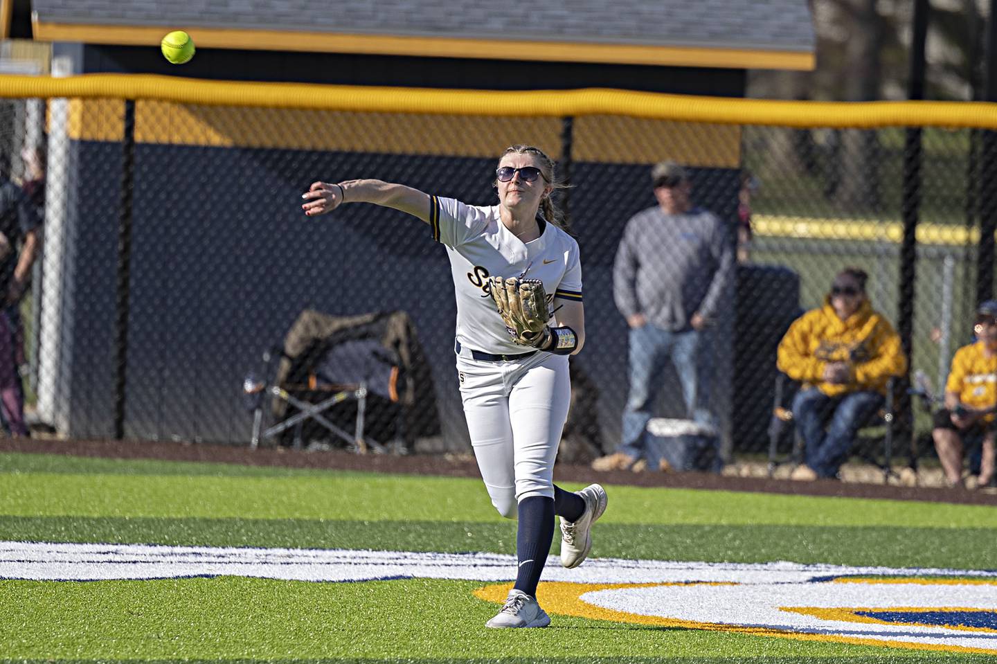 Sterling’s Lauren Jacobs makes a throw in from centerfield against Marengo Monday, April 10, 2023.