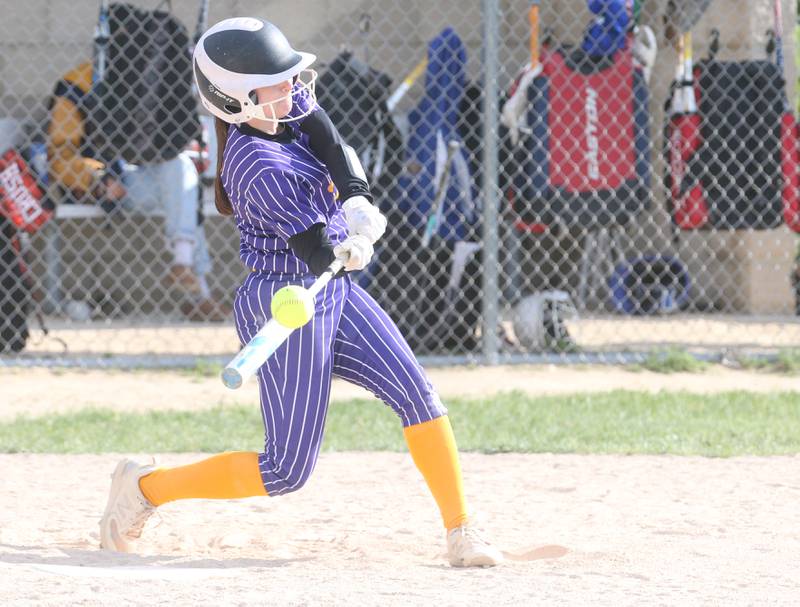 Mendota's Ava Eddy makes contact with the ball against Somonauk/Leland during the Class 1A Regional quarterfinal game on Monday, May 19, 2025 at Somonauk High School.