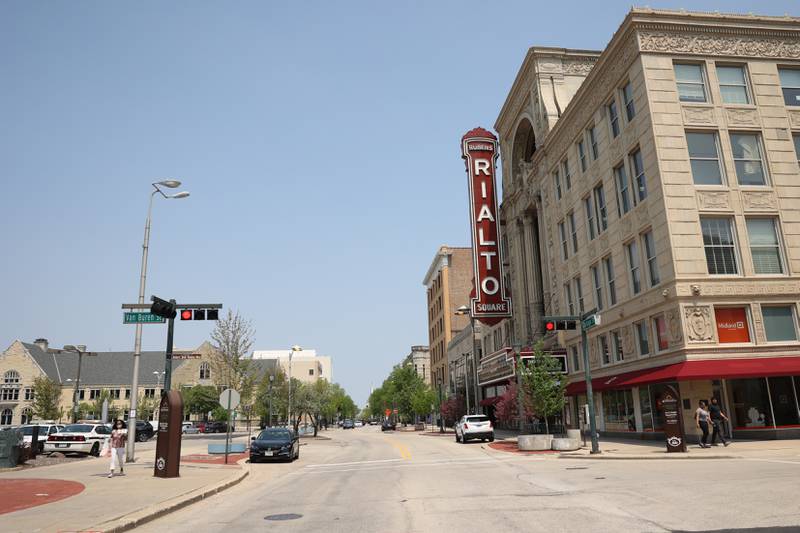 The famed Rialto Square Theatre sits along North Chicago Street in downtown Joliet. Tuesday, May 10, 2022, in Joliet.