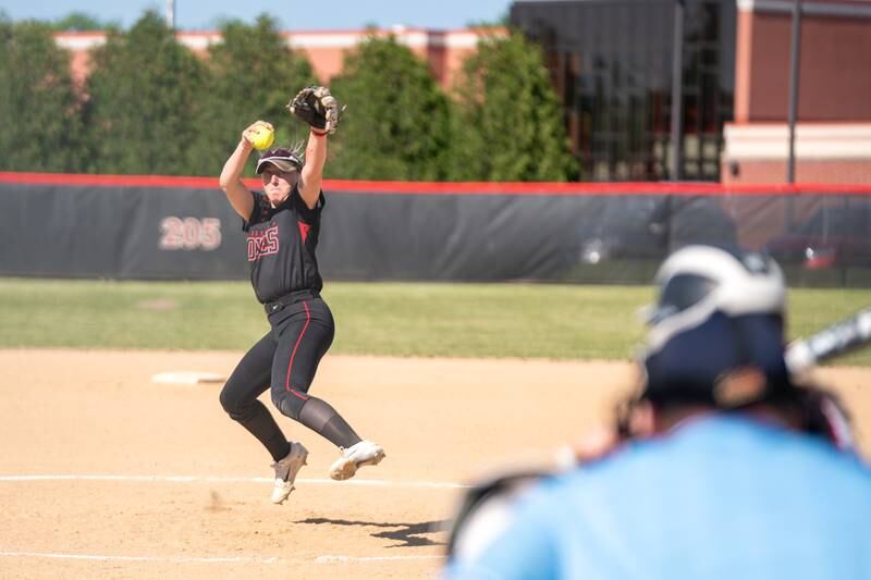 Yorkville's Madi Reeves (2) delivers a pitch against Plainfield North during the Class 4A Yorkville Regional softball final at Yorkville High School on Friday, May 26, 2023.