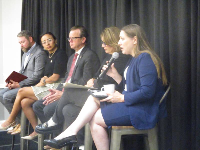 State Sen. Rachel Ventura, far right, speaks during a panel discussion on the state budget at a Thursday breakfast meeting for the Joliet Region Chamber of Commerce & Industry. Other legislators on the panel were (from left) Rep. Harry Benton, D-Plainfield, Rep. Dagmara Avelar, D-Bolingbrook, Rep. Larry Walsh Jr., D-Wlwood and Sen. Meg Loughran Cappel, D-Shorewood. June 27, 2024