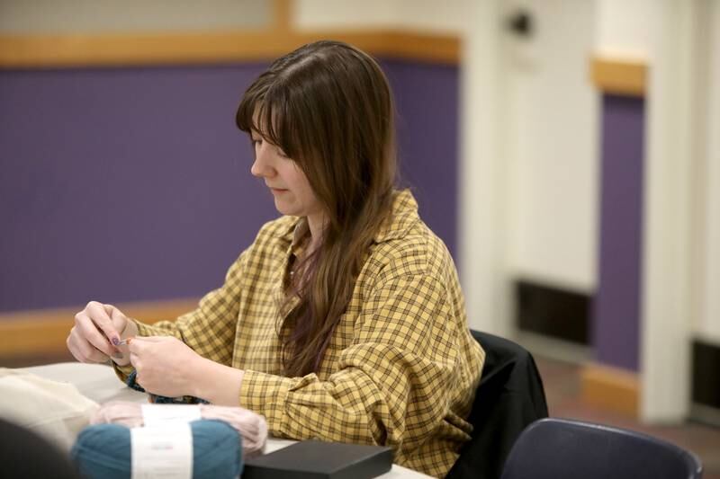 Alex Douglas of Yorkville works on a crochet project during a session of the Knit and Crochet Group at the Plano Community Library District.