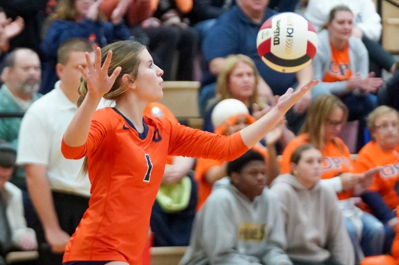 Oswego’s Alexis Terrazas (1) serves the all during the Class 4A Yorkville Regional final against Yorkville at Yorkville High School on Thursday, Oct. 31, 2024.