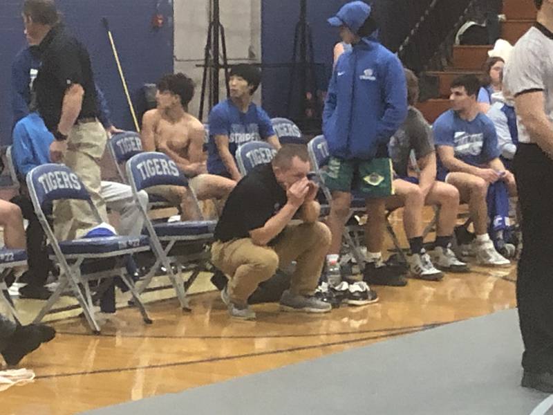 Princeton coach Steve Amy yells instruction during Tuesday's match at Prouty Gym vs. Morris.