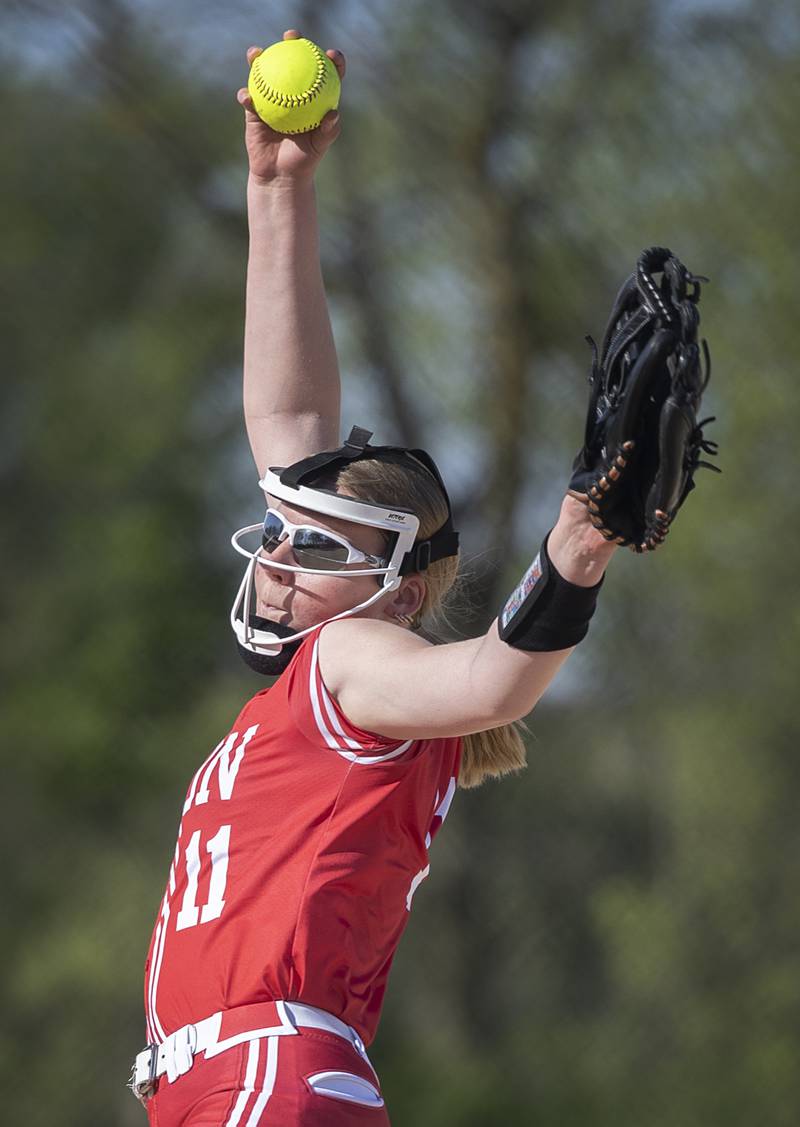 Oregon’s Izzy Berg winds up for a pitch against Rock Falls Wednesday, April 22, 2026.
