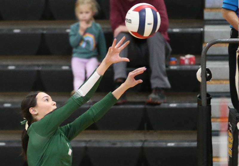 St. Bede's Kate Duncan pushes the ball to the Orion side of the net during the Class 1A Regional semifinals on Wednesday, Oct. 29, 2025 at Putnam County High School.
