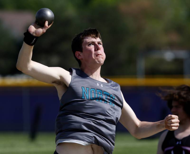Woodstock North’s Jacob McConnell throws the shot put during the IHSA Class 2A Belvidere Boys Track and Field Sectional Thursday, May 19, 2022, at Belvidere High School.