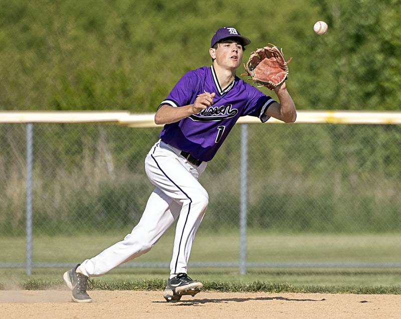 Dixon’s Alex Harrison fields a ball at second base against Burlington Central Thursday, May 25, 2023 during a class 3A regional semifinal in Rochelle.