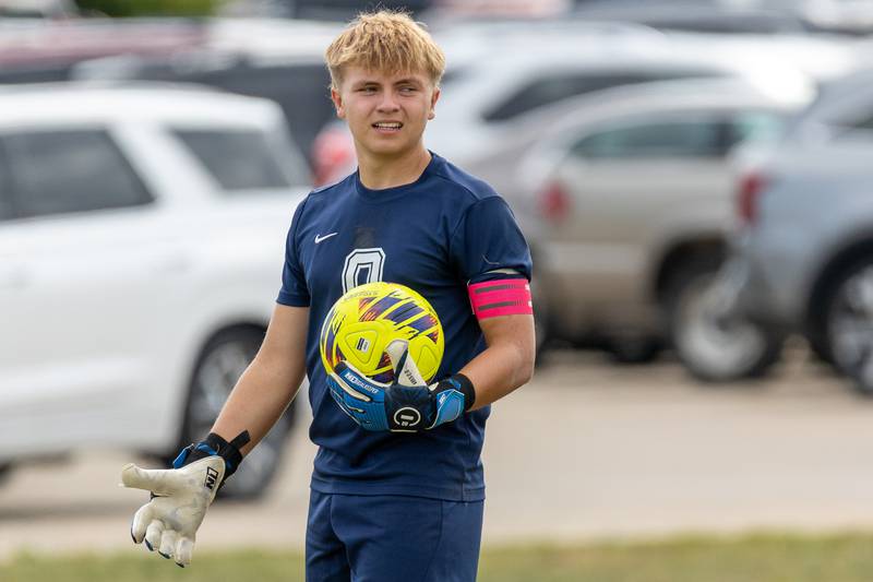 Goalkeeper Seth Zito (0) of Streator expresses confusion after Mendota scores on Saturday, Aug 30, 2025 at the James Street Recreation Area in Streator.