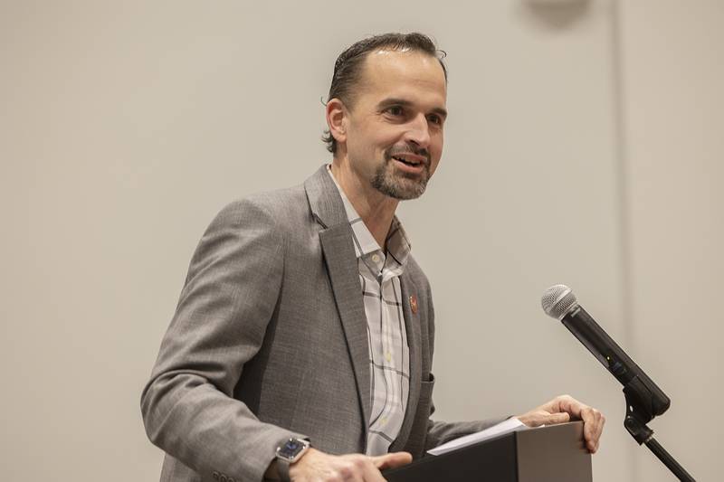 Sauk Valley Area Chamber of Commerce board director Jon Mandrell speaks to the nearly 200 people who attended the annual dinner Thursday, Jan. 26, 2024 at McCormick Place in Rock Falls.