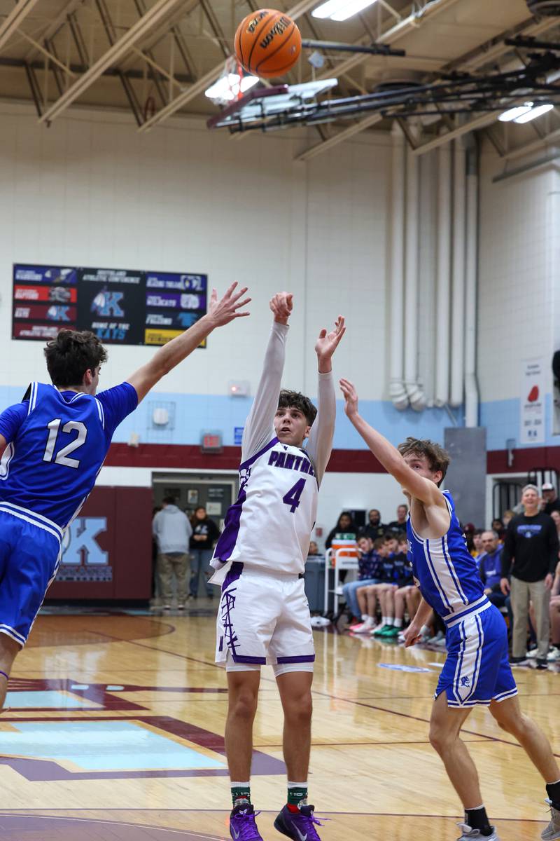 Manteno's Cade Bechard shoots under pressure from Peotone players during the Panthers' 60-49 victory over Peotone in the 75th Kankakee Holiday Tournament opening round on Friday, Dec. 26, 2025.
