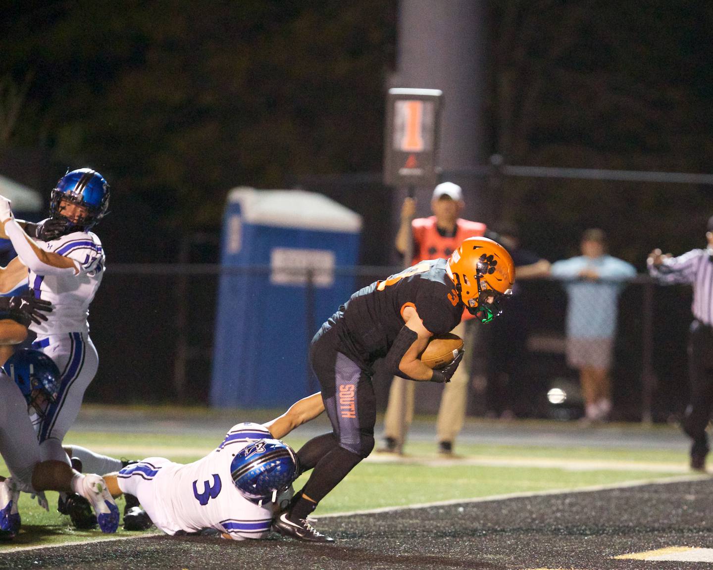 Wheaton Warrenville South's Owen Yorke scores a touchdown against St. Charles North on Friday, Oct. 10, 2025 in Wheaton.