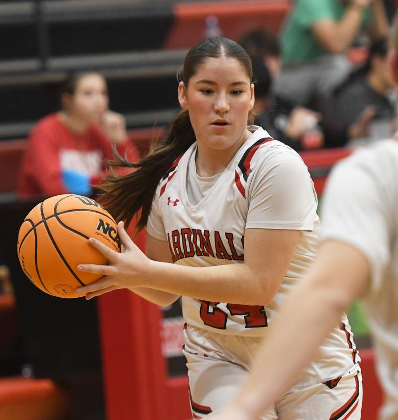 Forreston's Alice Kobler (24) handles the ball during action against Morrison at the Forreston High School Girls Basketball Thanksgiving Tournament on Friday, Nov. 21, 2025 in Forreston.