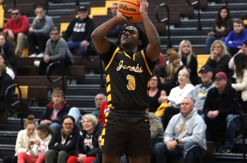Jacobs’ Emaan Thomas drains a three-pointer against Barrington during Hinkle Holiday Classic varsity boys basketball tournament action on Monday, Dec. 23, 2024 at Jacobs High School in Algonquin.