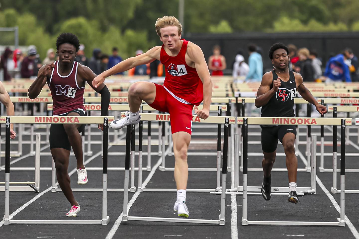 Ottawa's Weston Averkamp wins in the 110mH at the Class 3A Minooka Sectional Boys Track and Field Meet Wednesday, May 21, 2025 in Minooka.