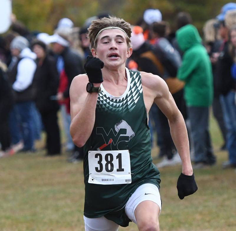 West Carroll's Roscoe Davies heads to the finish line of the 1A Winnebago Boys Regional on Saturday, Oct. 25, 2025 at the Levi and Ester Fuller Memorial Forest Preserve. He placed 15th in 15:17.
